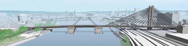 A proposal of refinements to the Burnside Bridge displays movable span options from East and West Portland with an aerial view of the city and the Willamette River. Multnomah County is considering options for bridge span types - for the west approach span, the middle movable span and the east approach span. Feedback showed great support for a bascule movable span in the middle and about equal support for the Tied Arch and Cable Supported options on the east.   